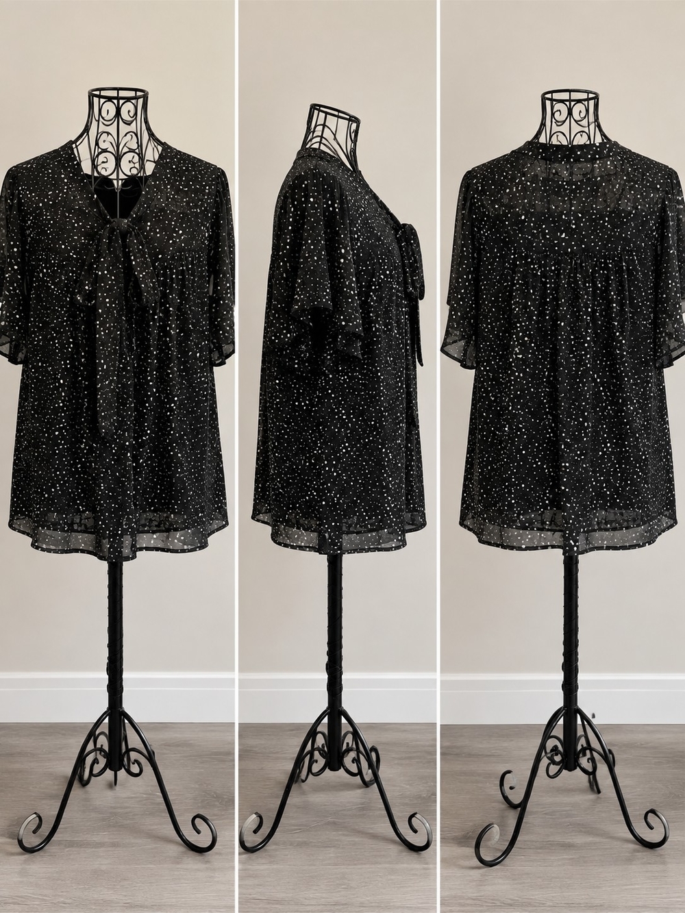 Black Sparkle Tie Neck Sheer Blouse Flutter Sleeve